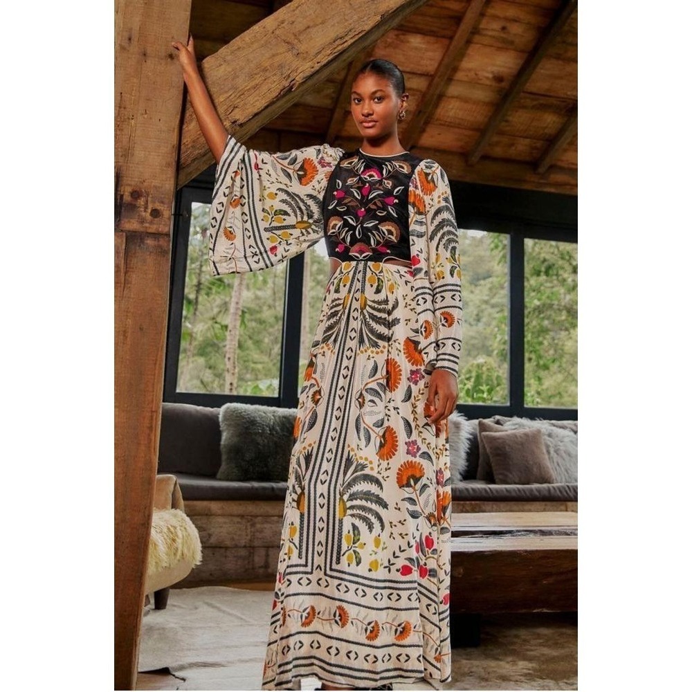 Farm Rio Cutout Embroidered Print Crepe Maxi Dress Black Cream Floral Beaded S - Picture 2 of 13